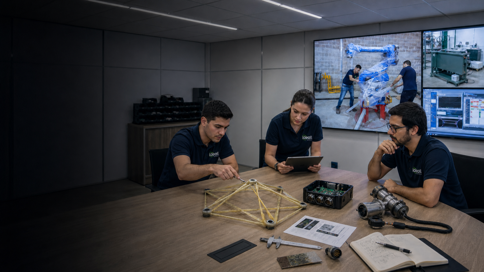 Equipe IDEALL analisando protótipos e sistemas